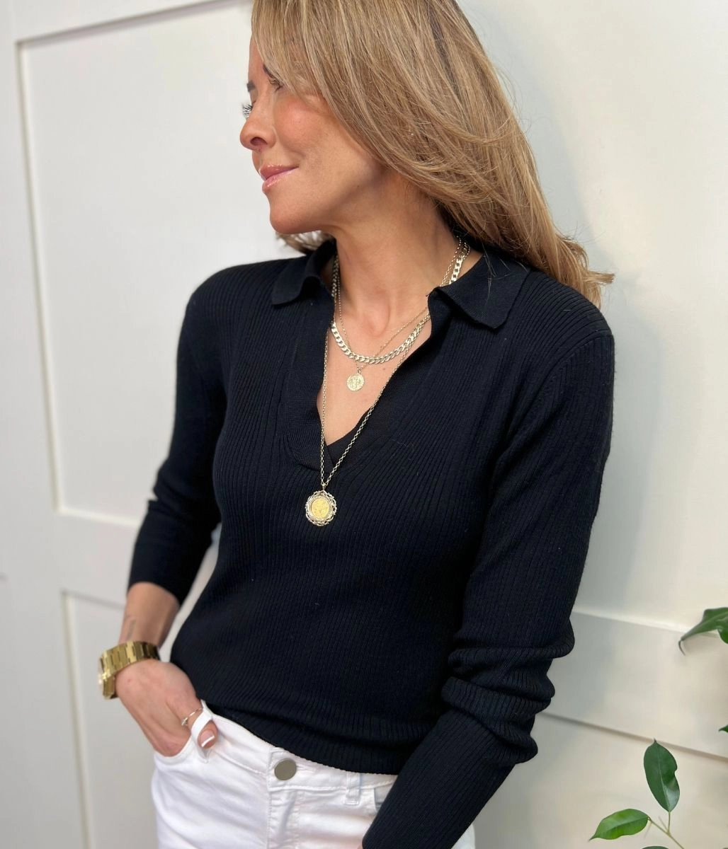 No Bulk Black Collared Ribbed Jumper