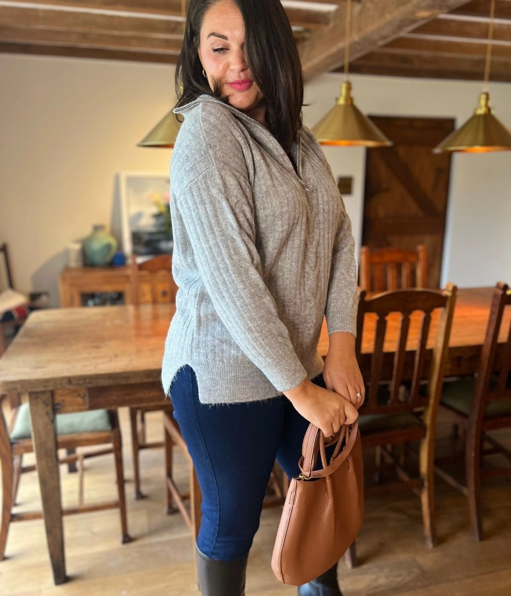 Sleek Wear Fit Grey Half Zip Ribbed Cable Jumper