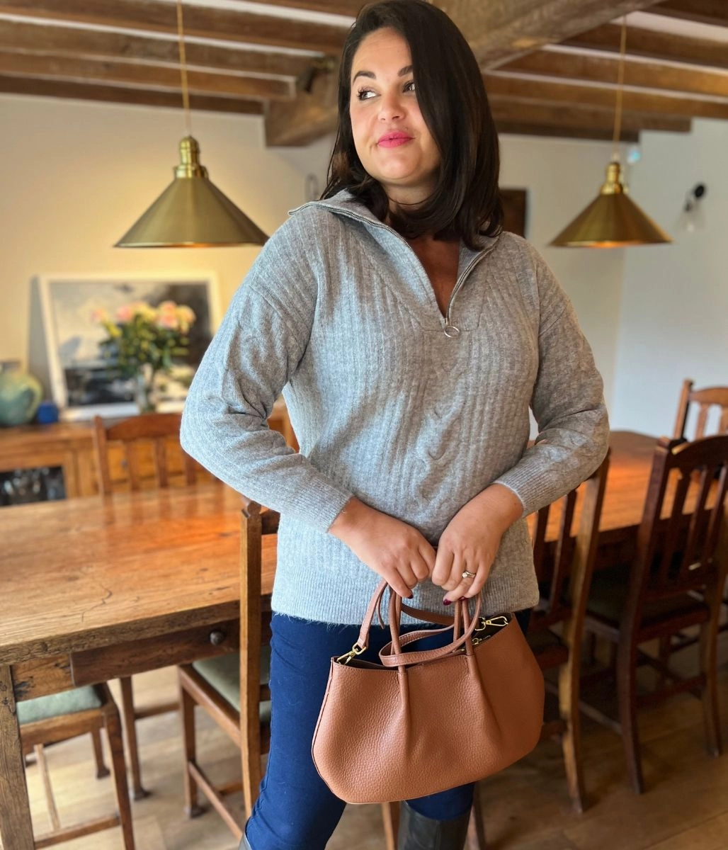 Grey Half Zip Ribbed Cable Jumper Winter Wearable Anti Pilling Treatment