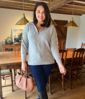 Grey Half Zip Ribbed Cable Jumper Breathable Stretch Fit Casual Style