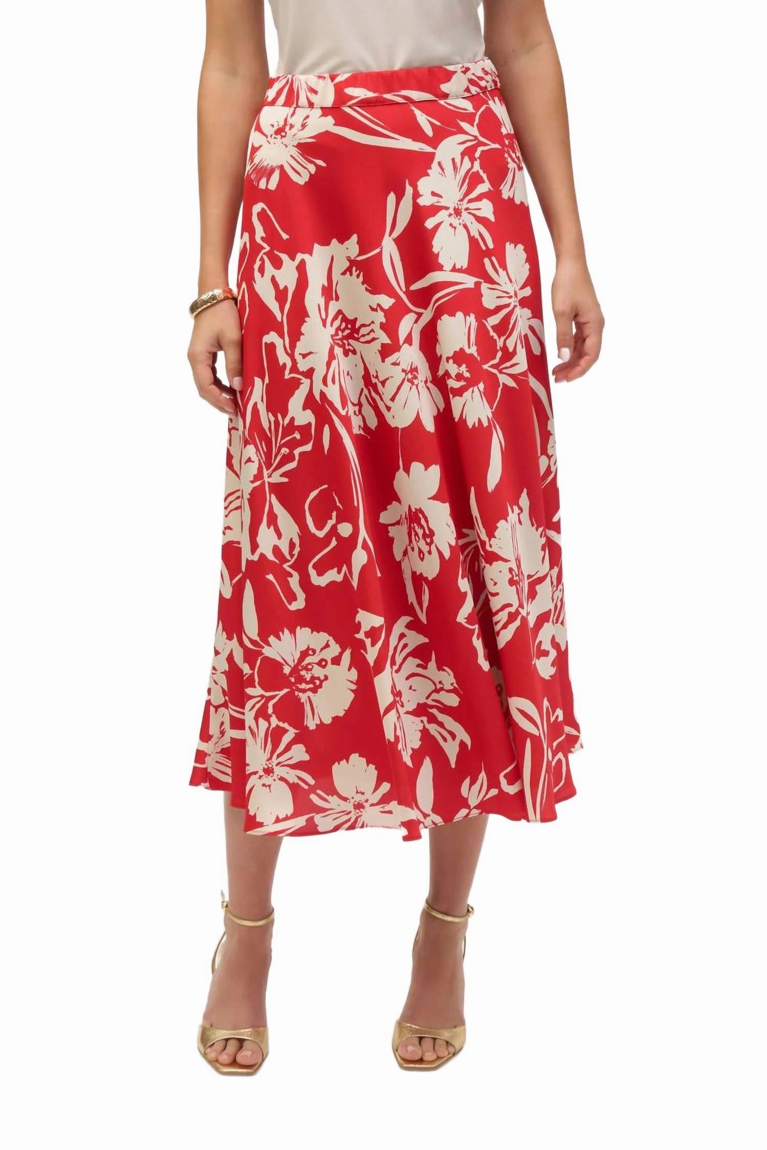 Pastel Colors Satin Floral Print A-Line Skirt In Red