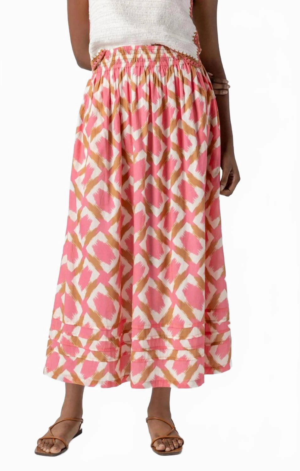 Washable fabric Cleo Shirred Elastic Waist Midi Skirt In Punch Ikat Print