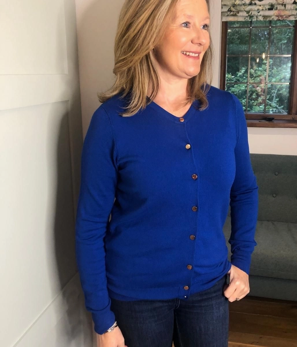 Cobalt Blue Classic Round Neck Cardigan layering option