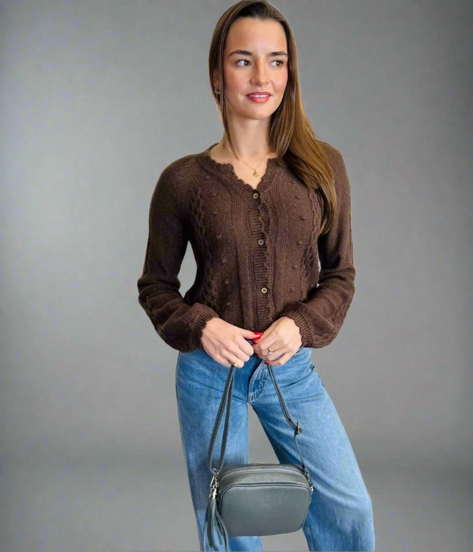 Relaxed Cut Cozy Designs Brown Bobble Trim Cardigan