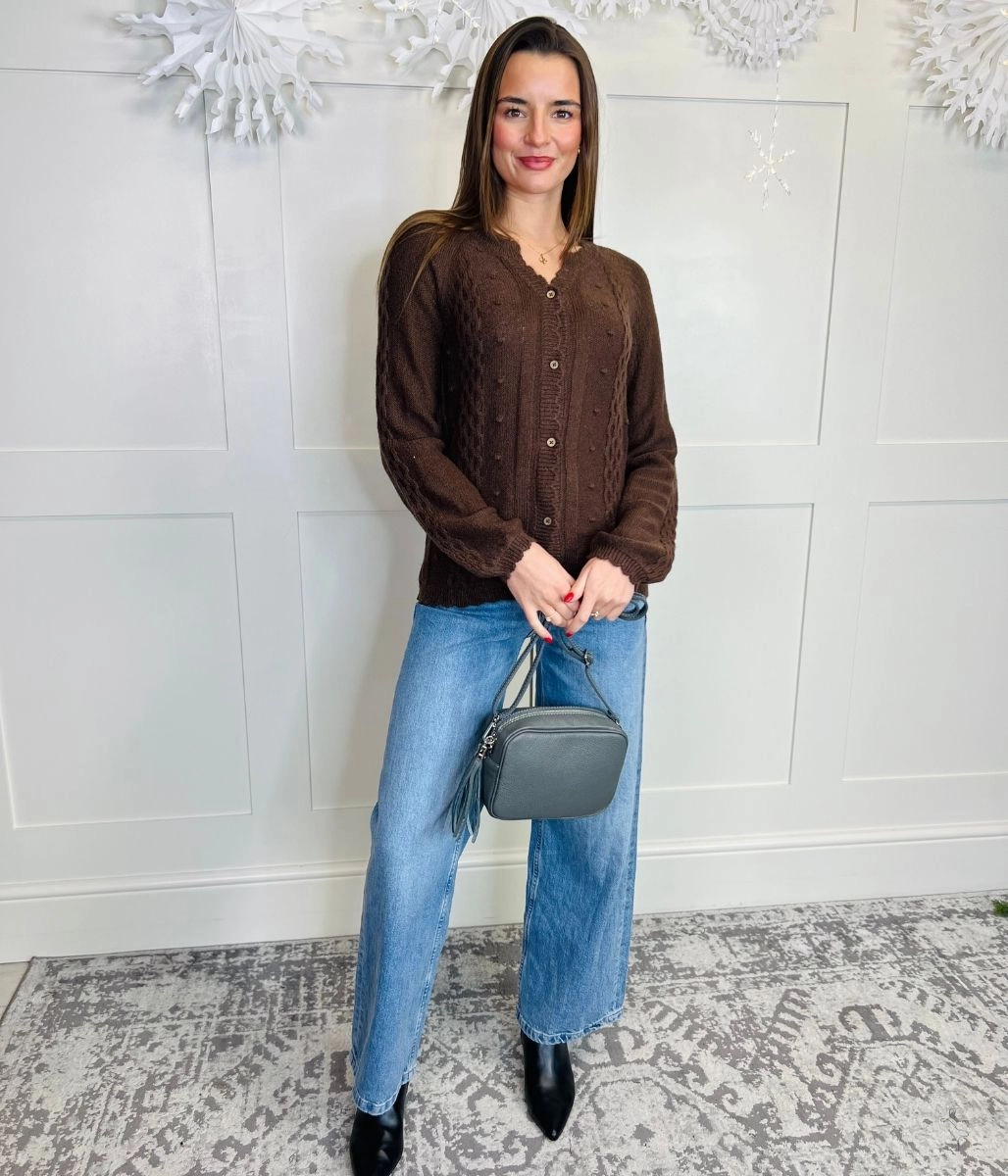 Brown Bobble Trim Cardigan Effortless Comfort Perfect Warmth