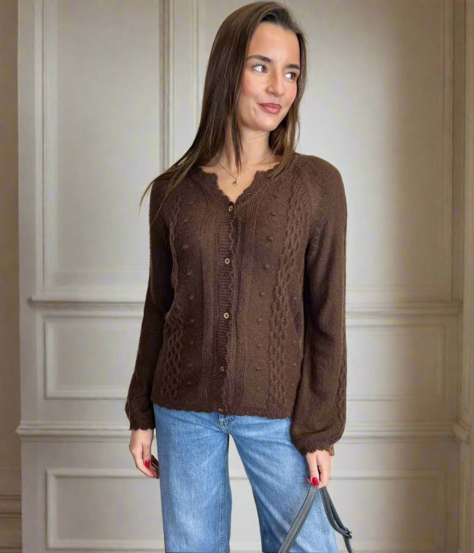 Layered Must-Have Chill Wear Brown Bobble Trim Cardigan