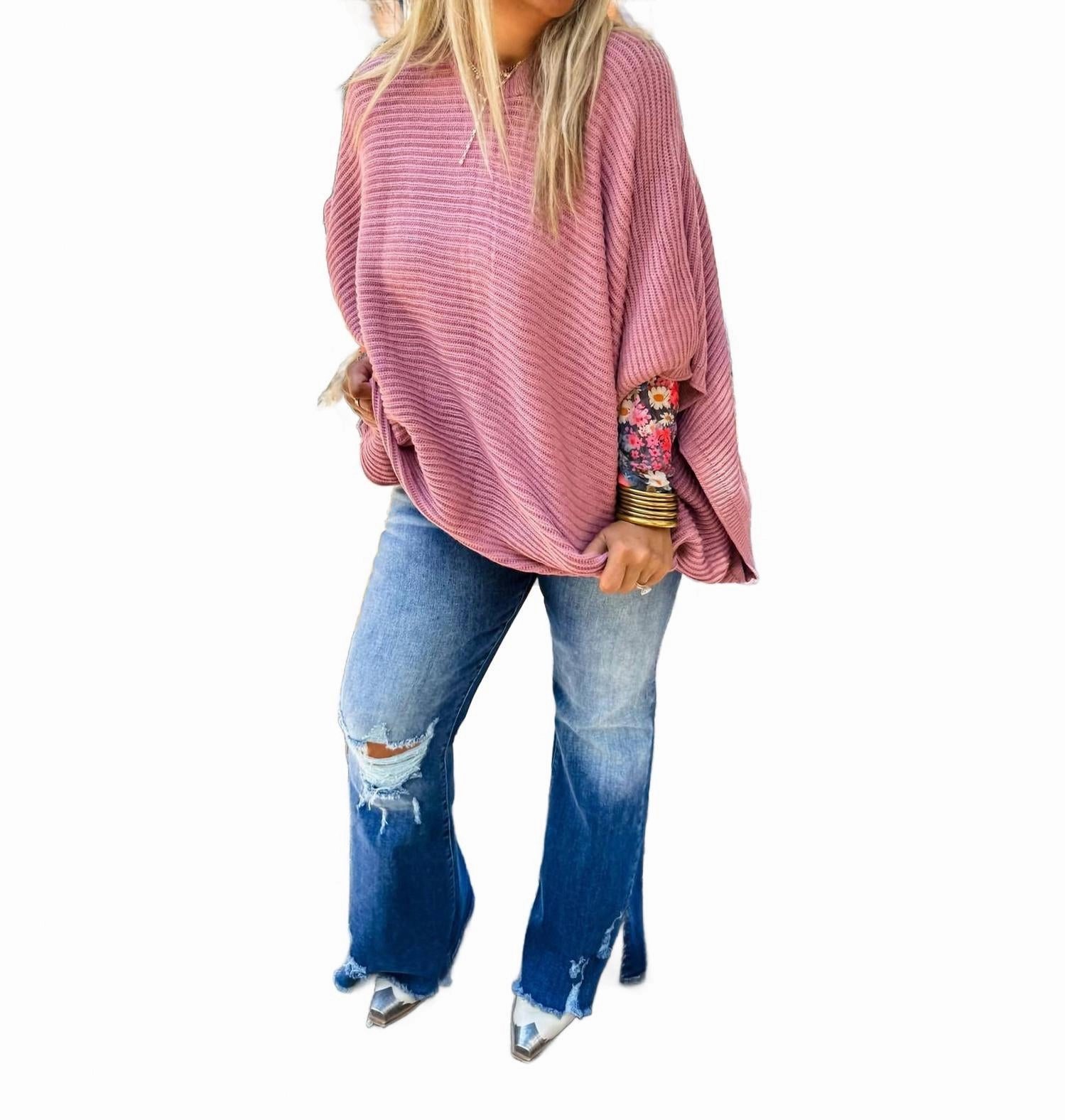 Soft Knitwear Meg Pullover Poncho In Mauve