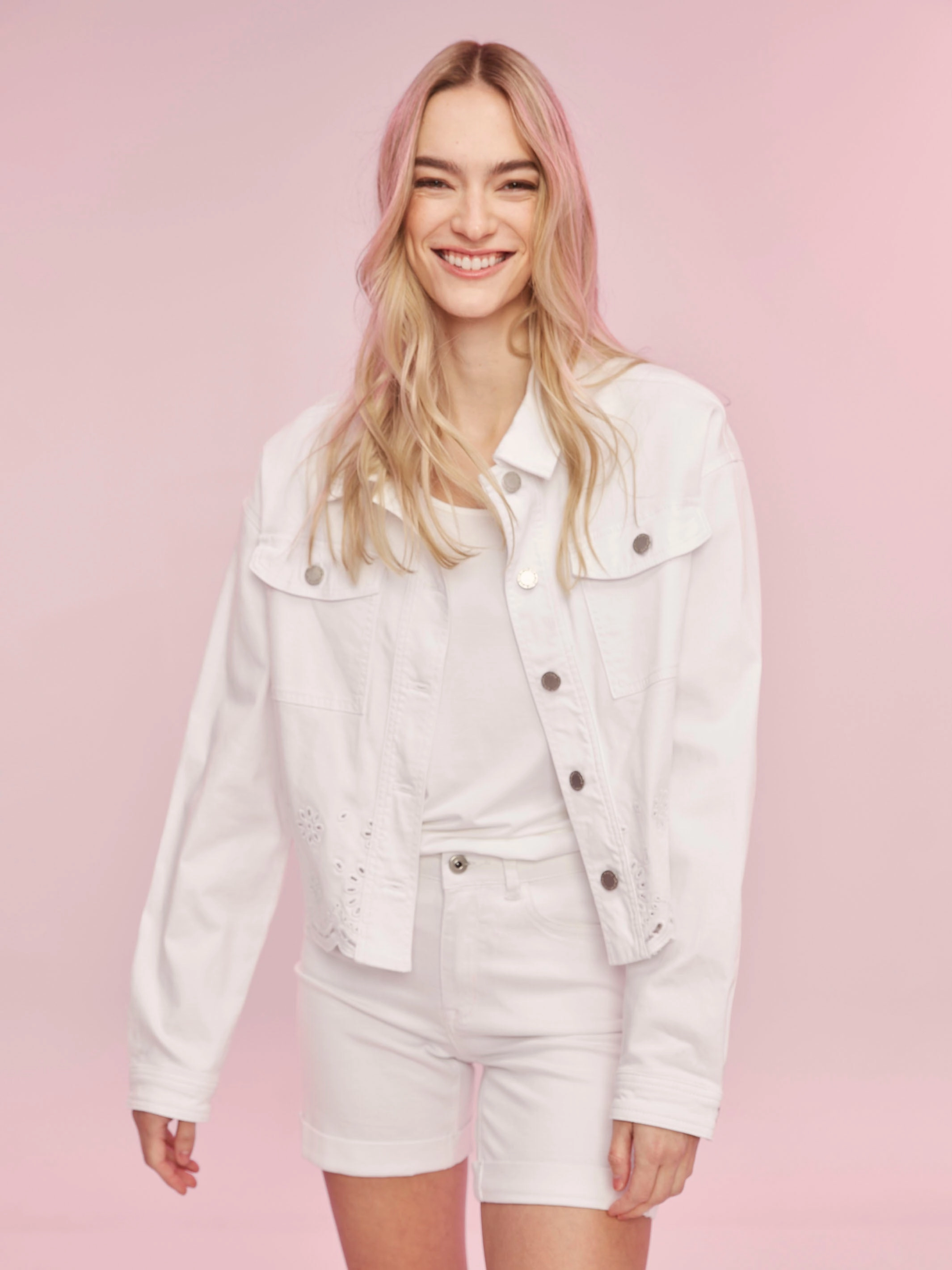 Twill Scalloped Eyelet Jacket - White Down Filled Subtle Design Detail