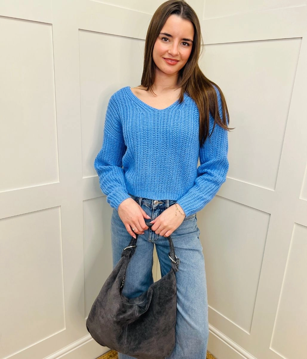 Blue Slouchy Knit V Neck Jumper Essential Comfort