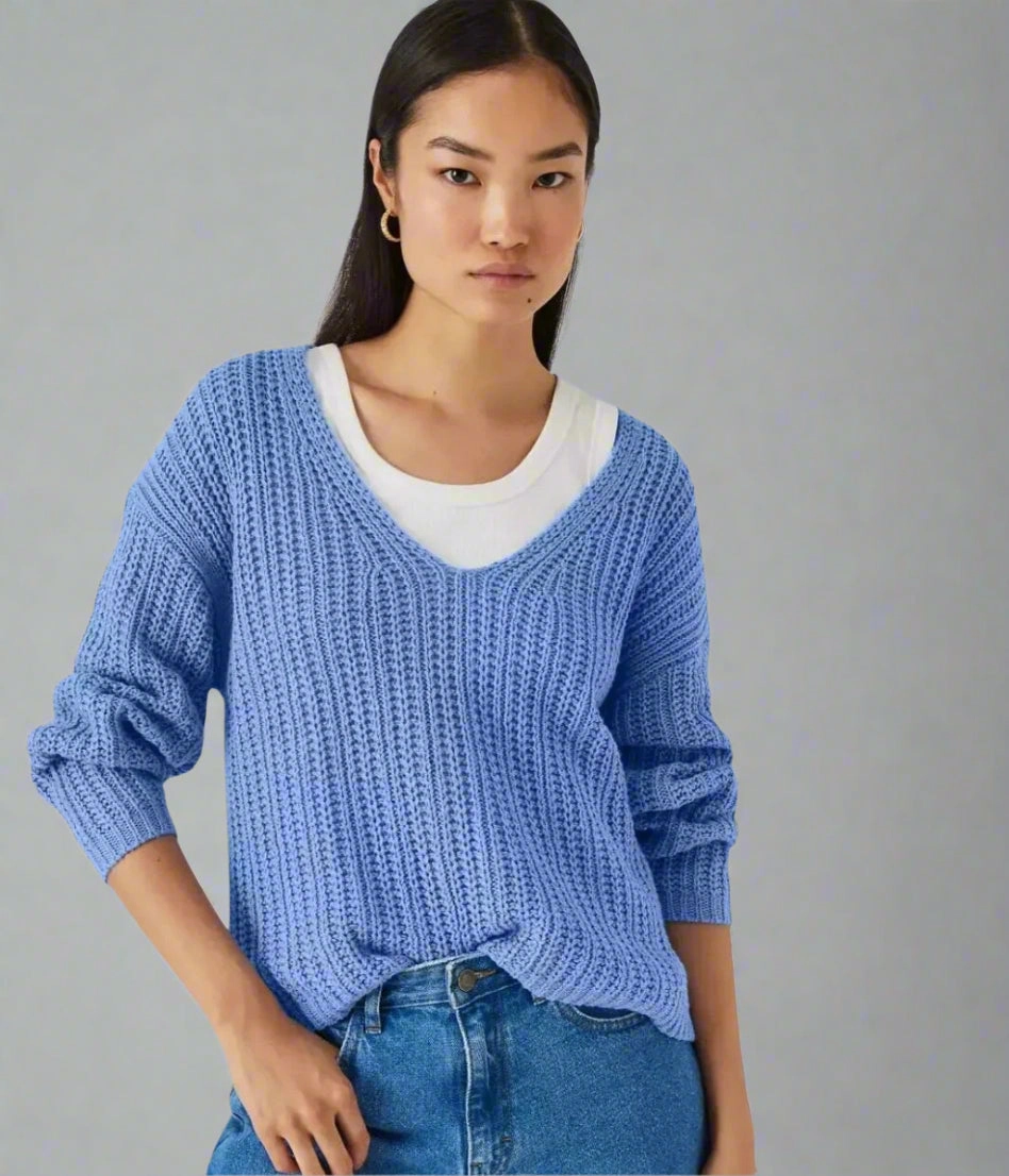 Knitted Look Comfortable Touch Blue Slouchy Knit V Neck Jumper