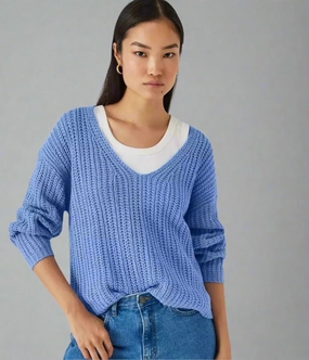 Knitted Look Comfortable Touch Blue Slouchy Knit V Neck Jumper
