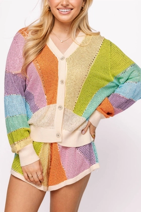 Rhinestone Sunshine Button Up Cardigan In Rainbow Comfy and Stylish