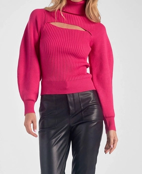 Peek-A-Boo Cut Out Turtleneck Sweater In Fuschia Warm And Comfortable