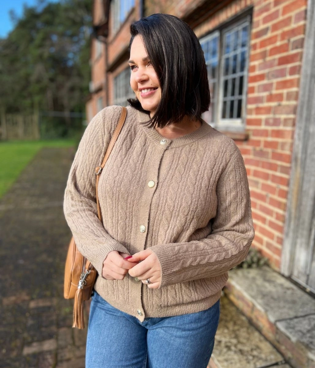 Camel Cable Knit Classic Cardigan Ergonomic Sleeve Design Oversized Fit