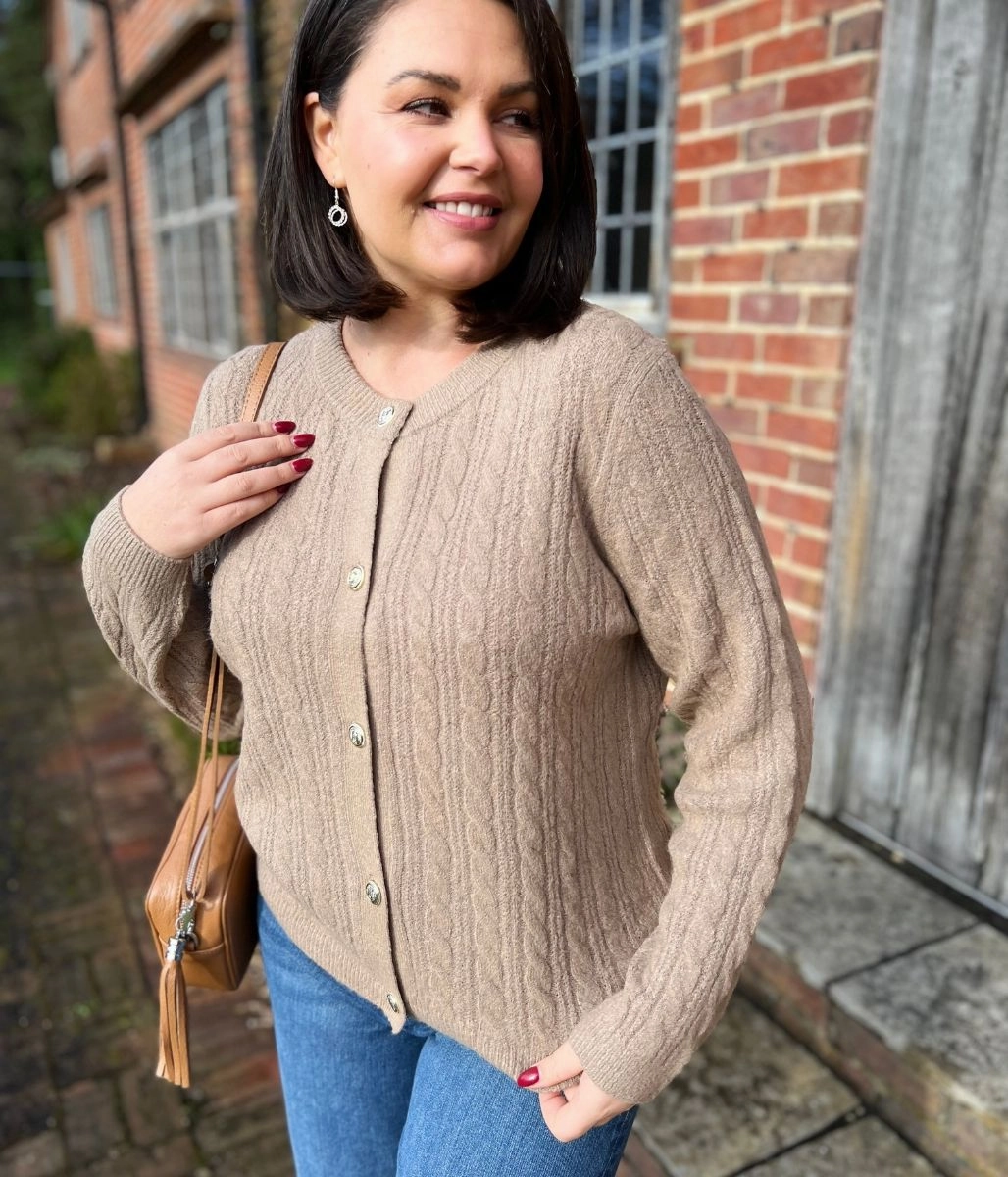 Cozy Knit Touch Cozy Vibe Camel Cable Knit Classic Cardigan