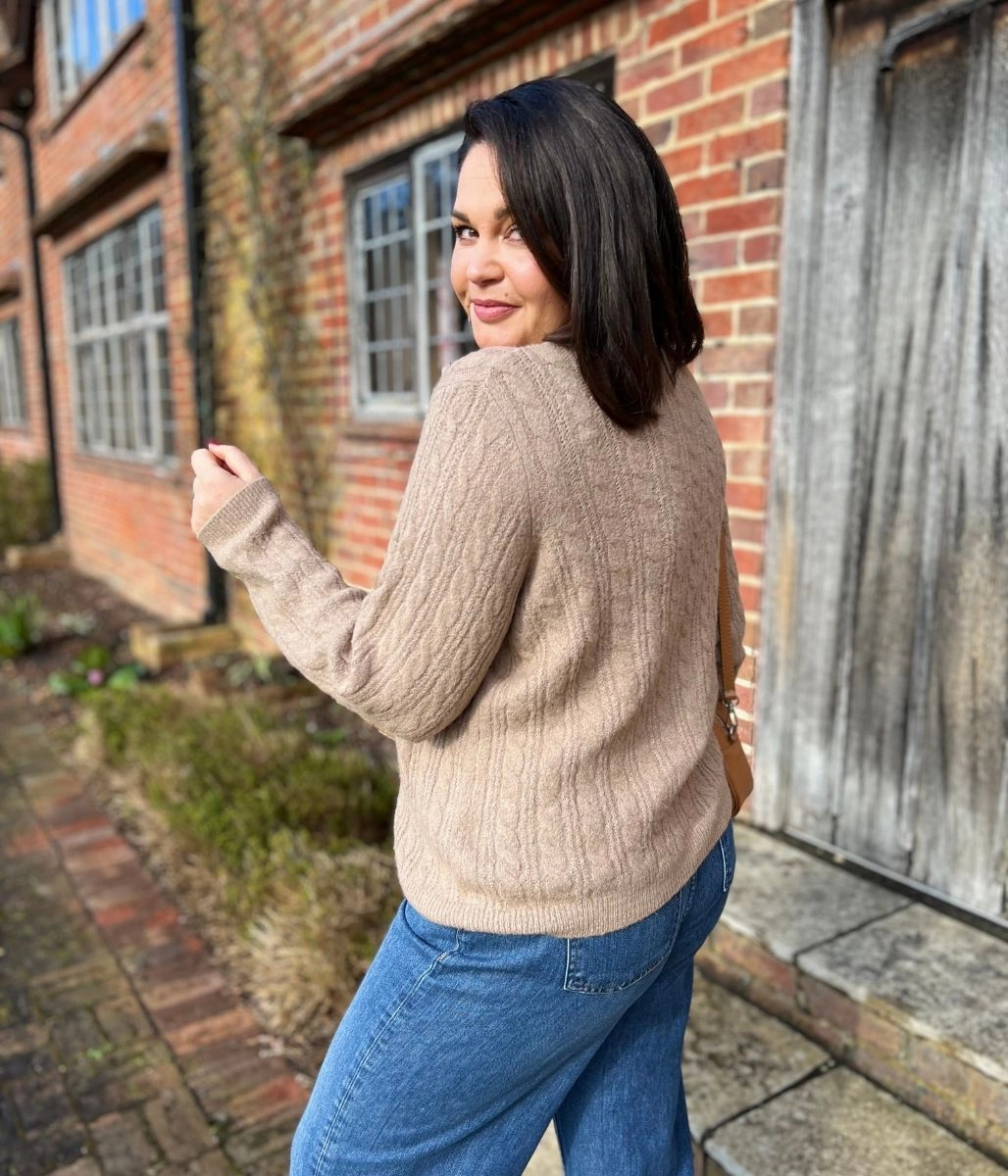 Camel Cable Knit Classic Cardigan Odor Resistant Fabric