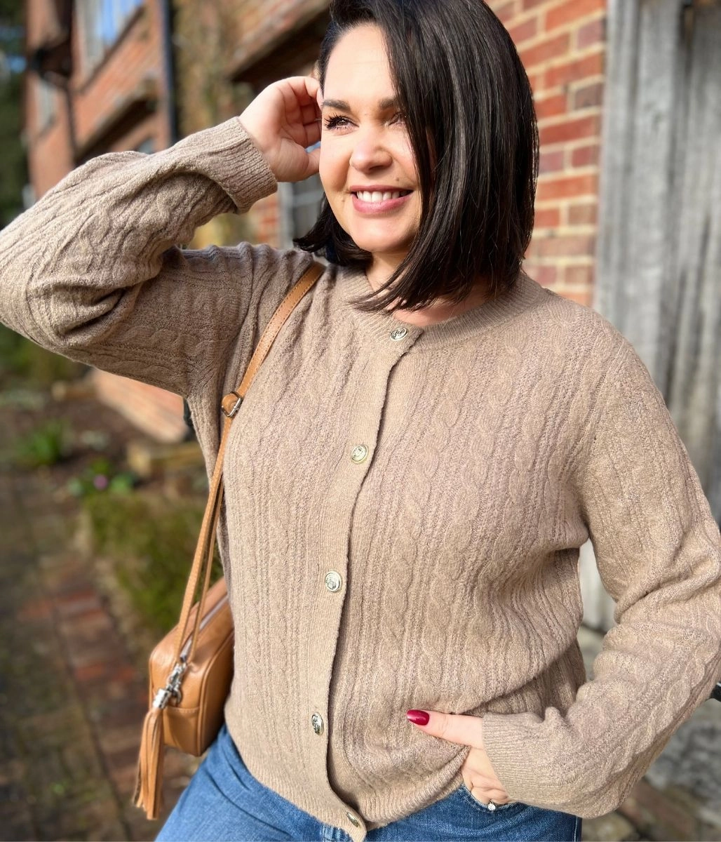 Camel Cable Knit Classic Cardigan Low Impact Production Breathable Fit Design