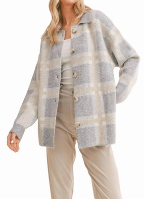 Gwen Checkered Cardigan In Ivory Blue Ergonomic Sleeve Engineering Functional Wear