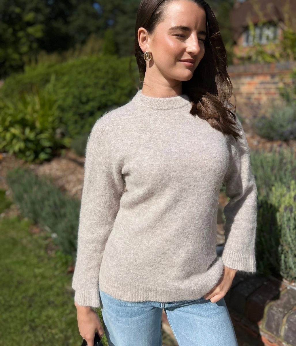 Stone Alpaca Blend Crew Neck Jumper Anti Pilling Surface Stretch Fit