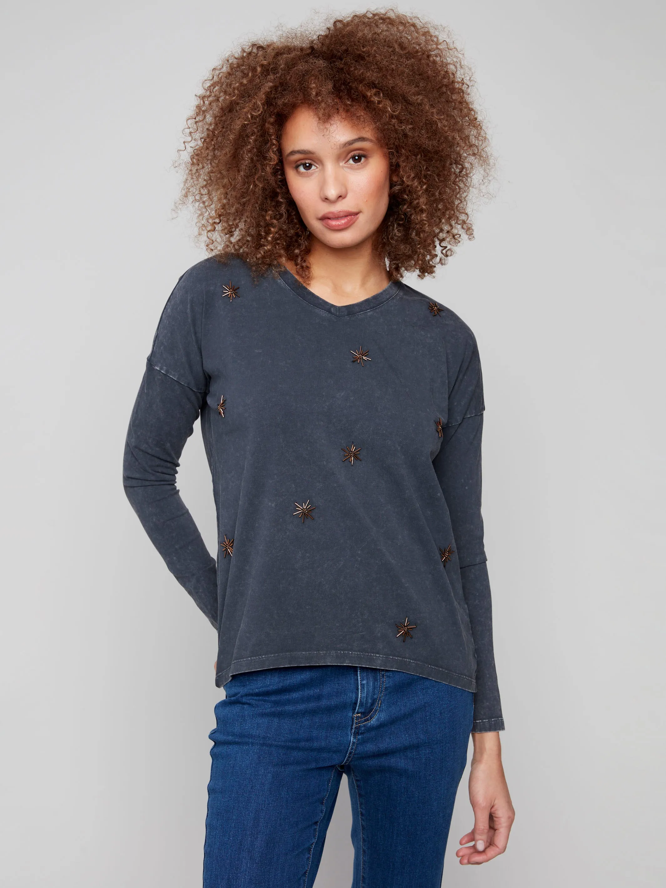 Beaded Vintage Wash V-Neck Knit Top - Charcoal FlexibleRibbing