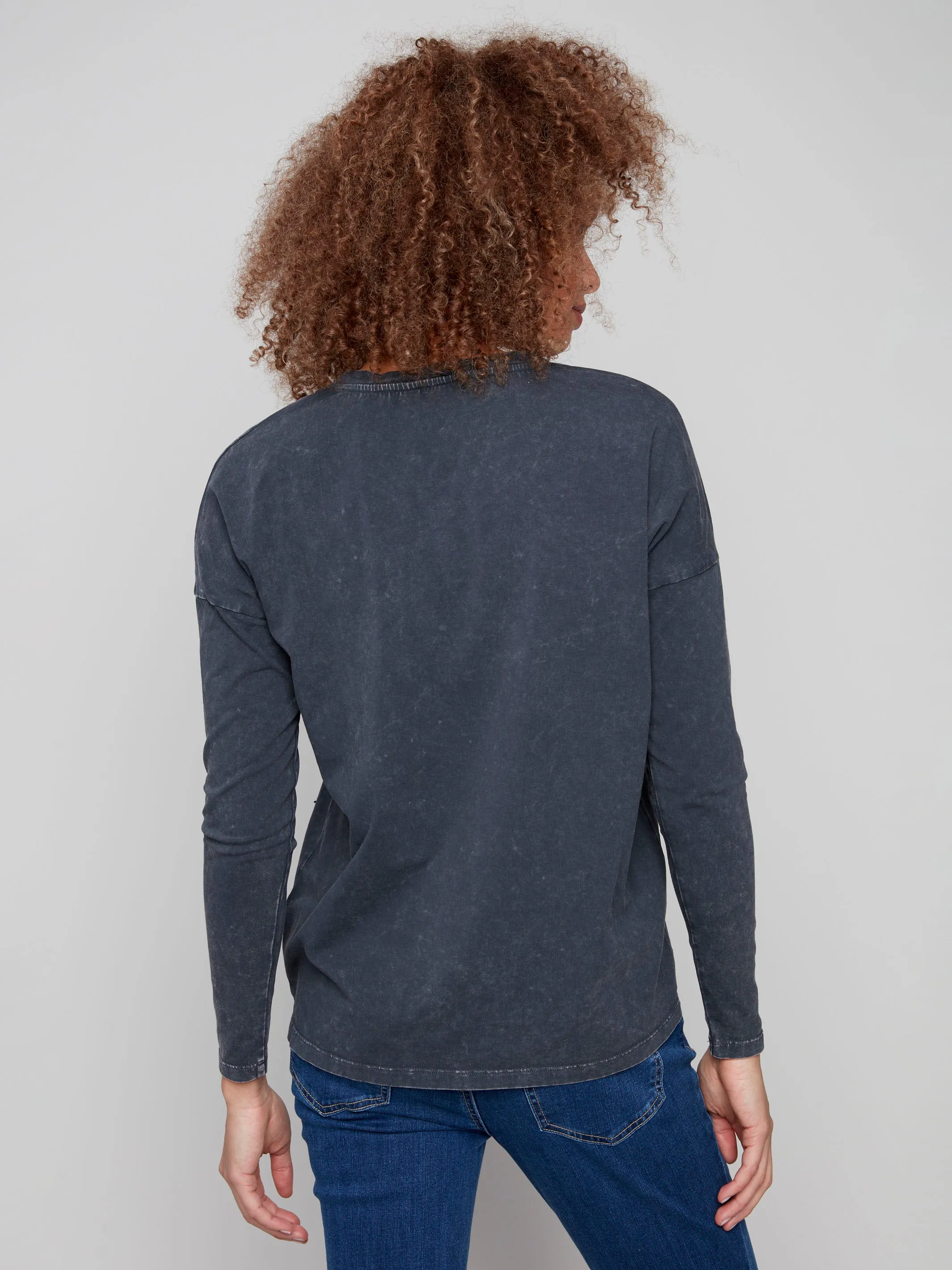 Temperature control Beaded Vintage Wash V-Neck Knit Top - Charcoal