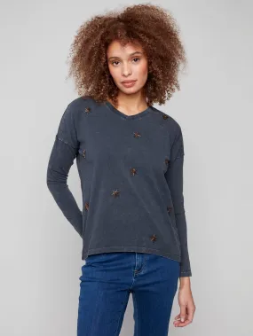 Beaded Vintage Wash V-Neck Knit Top - Charcoal FlexibleRibbing