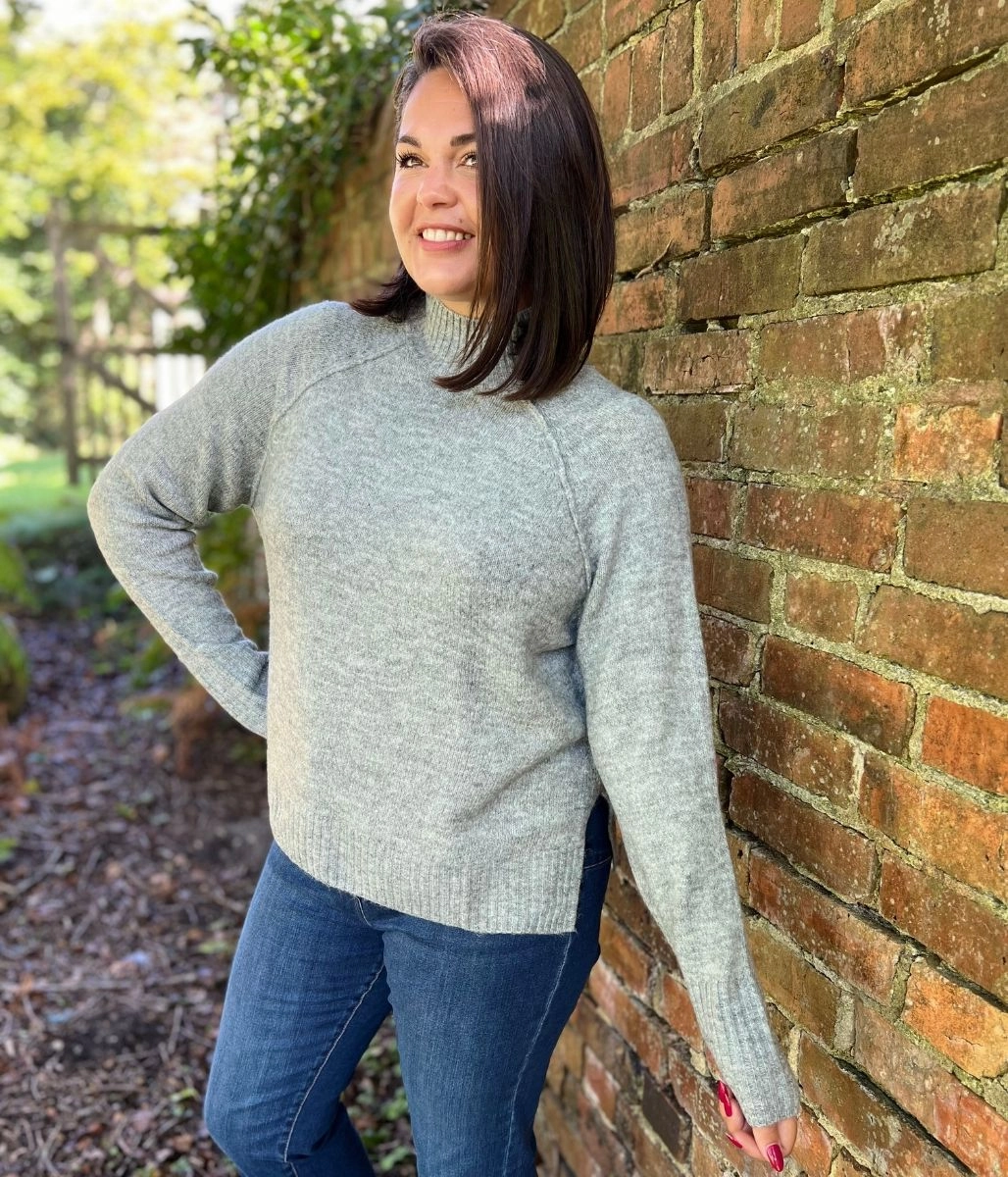 Ethical Production Knitwear Layered Fashion Grey Soft Funnel Neck Jumper