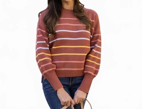 Micro Gauge Knitting Women's Striped Crew Neck Sweater In Terracotta Stripe