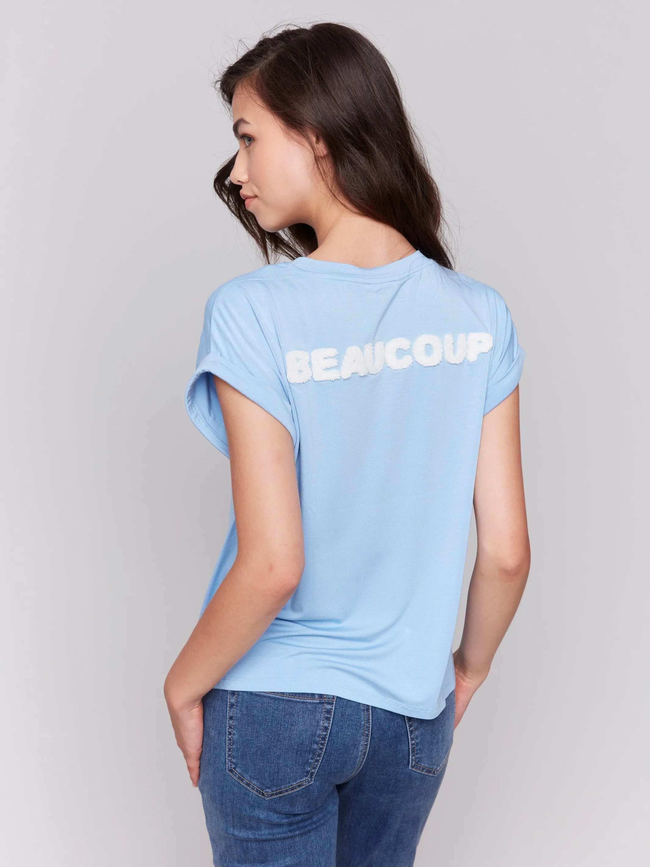 Antibacterial Fabric Drop Shoulder Appliqu?? T-Shirt - Bluebell