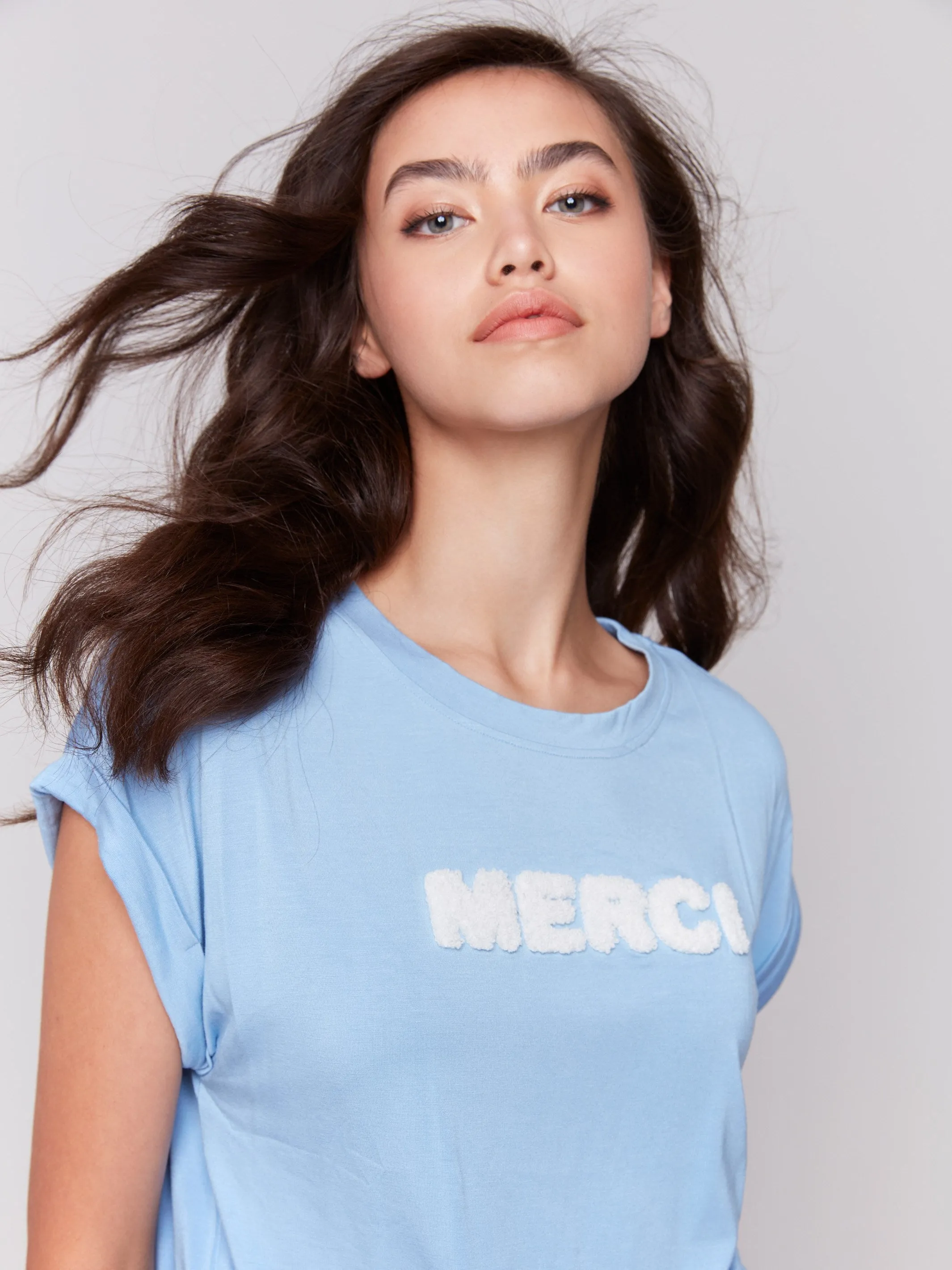 GarmentWashed Softness Hidden Pocket Drop Shoulder Appliqu?? T-Shirt - Bluebell