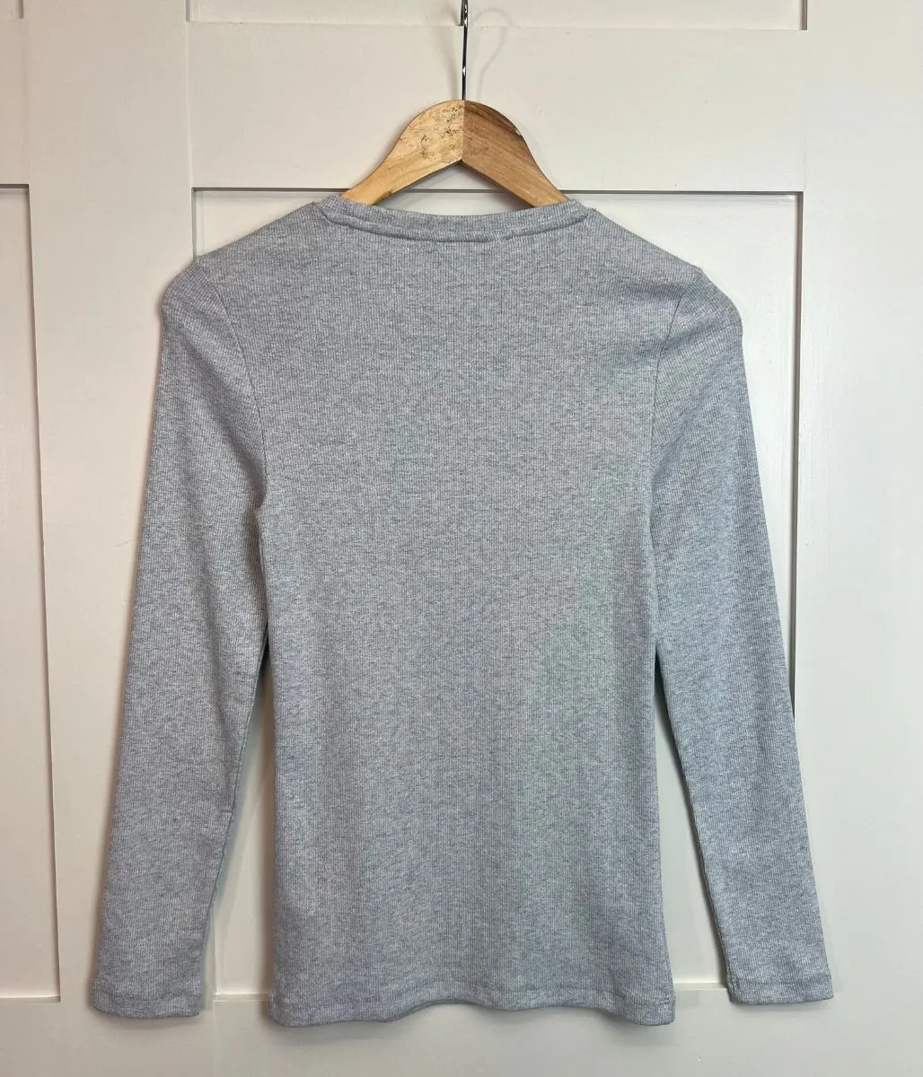 Silver Ribbed Sparkly Long Sleeve Top DoubleStitchedSeams Double Stitched Hems