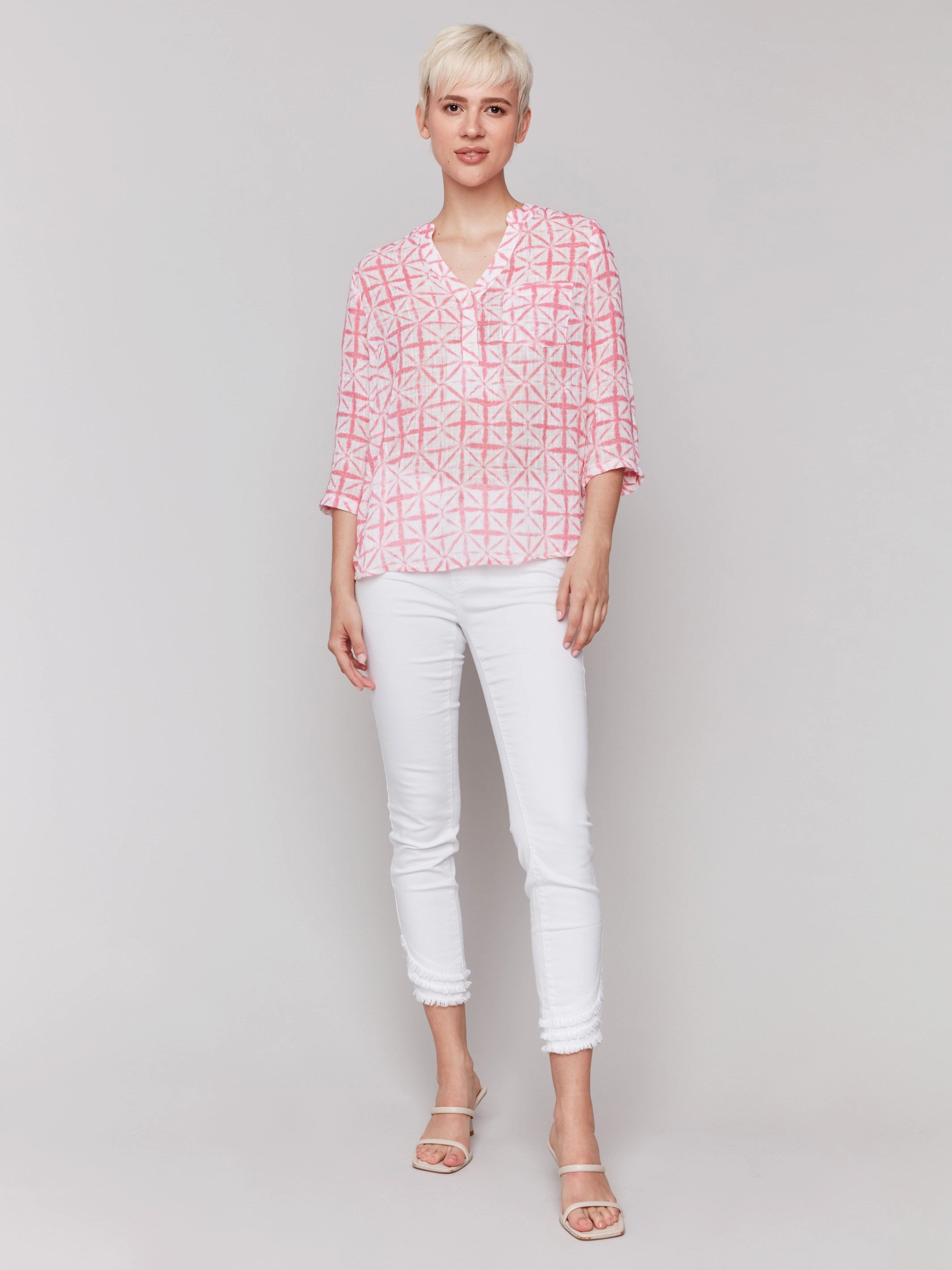 Ventilated Back Neutral Colors Printed Cotton Gauze Half-Button Blouse - Begonia