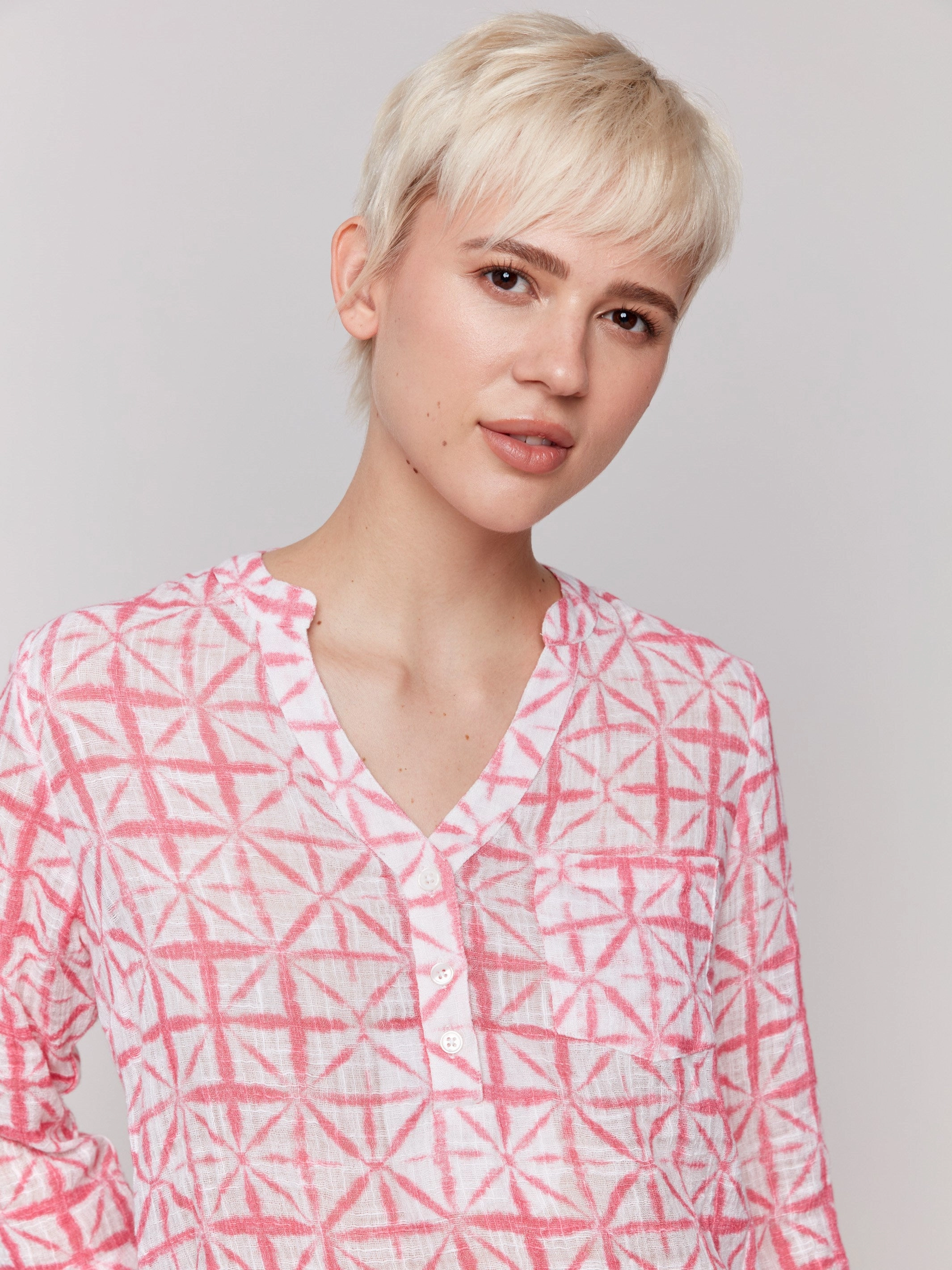 Geometric Shape Printed Cotton Gauze Half-Button Blouse - Begonia