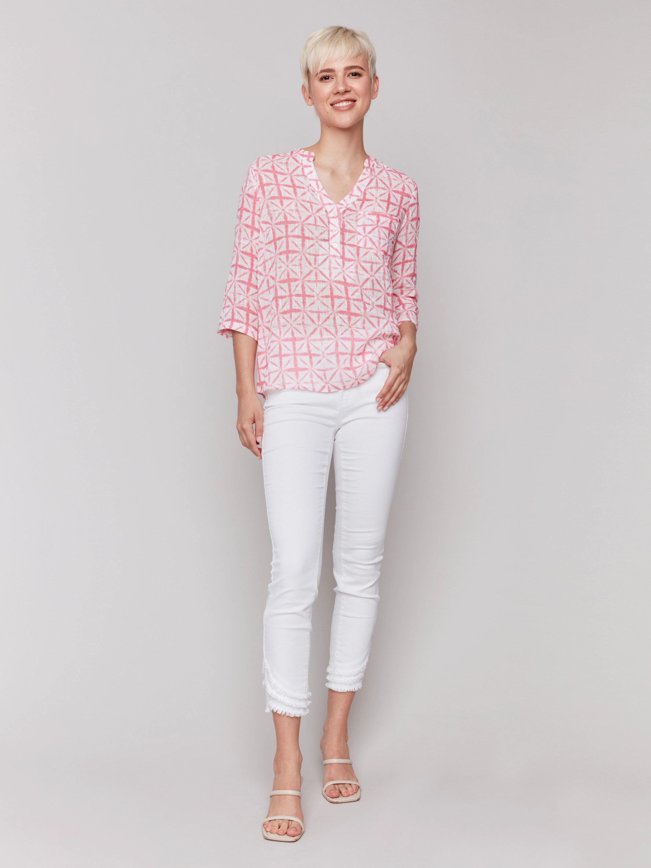 Printed Cotton Gauze Half-Button Blouse - Begonia Clean Edge Trim