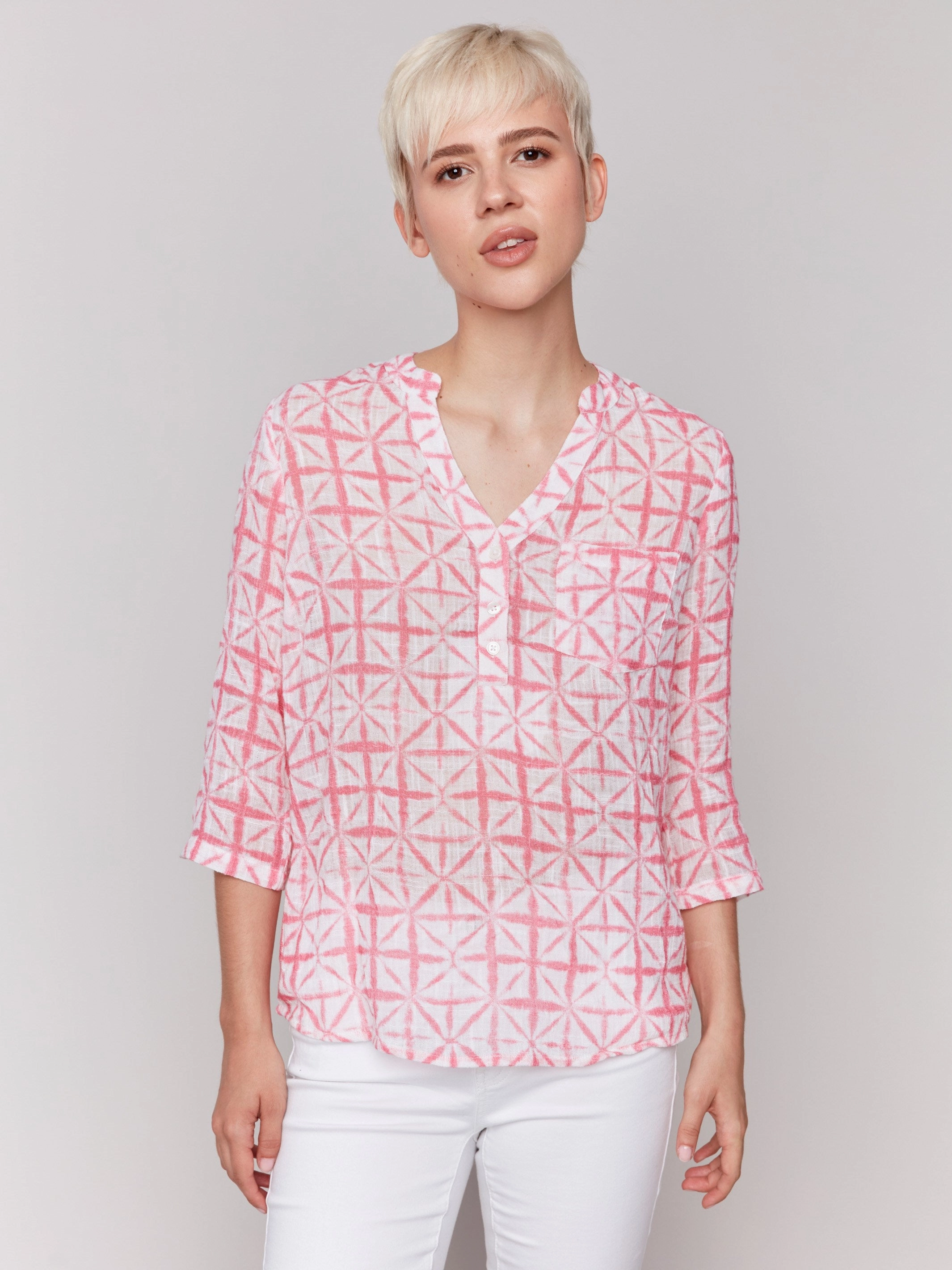 Printed Cotton Gauze Half-Button Blouse - Begonia Subtle design