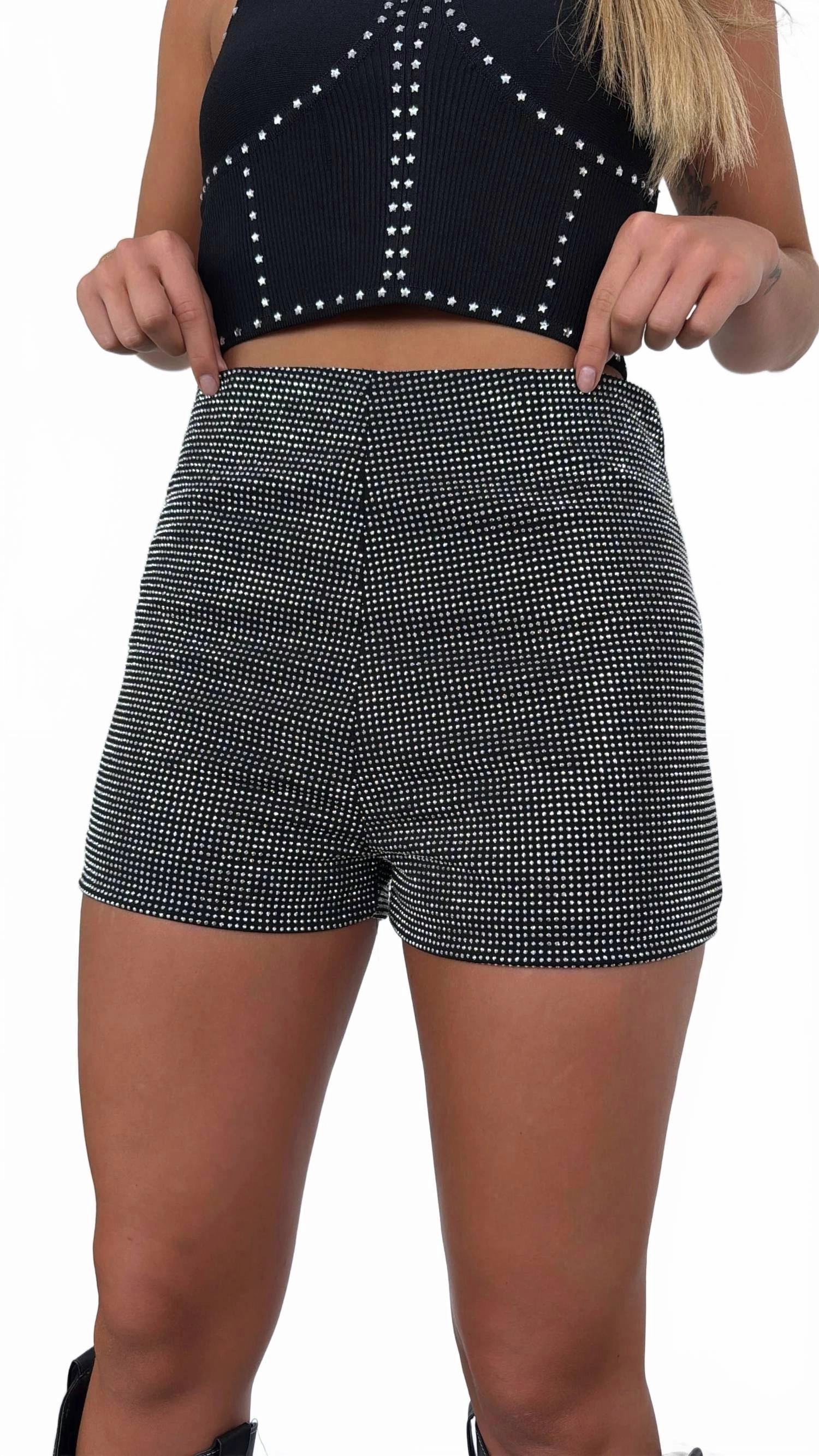Flex Waist System cyclists Rhinestone Studded Shorts In Black