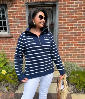 Convertible Style Navy Striped Ex Seasalt Tideline Half Zip Sweatshirt