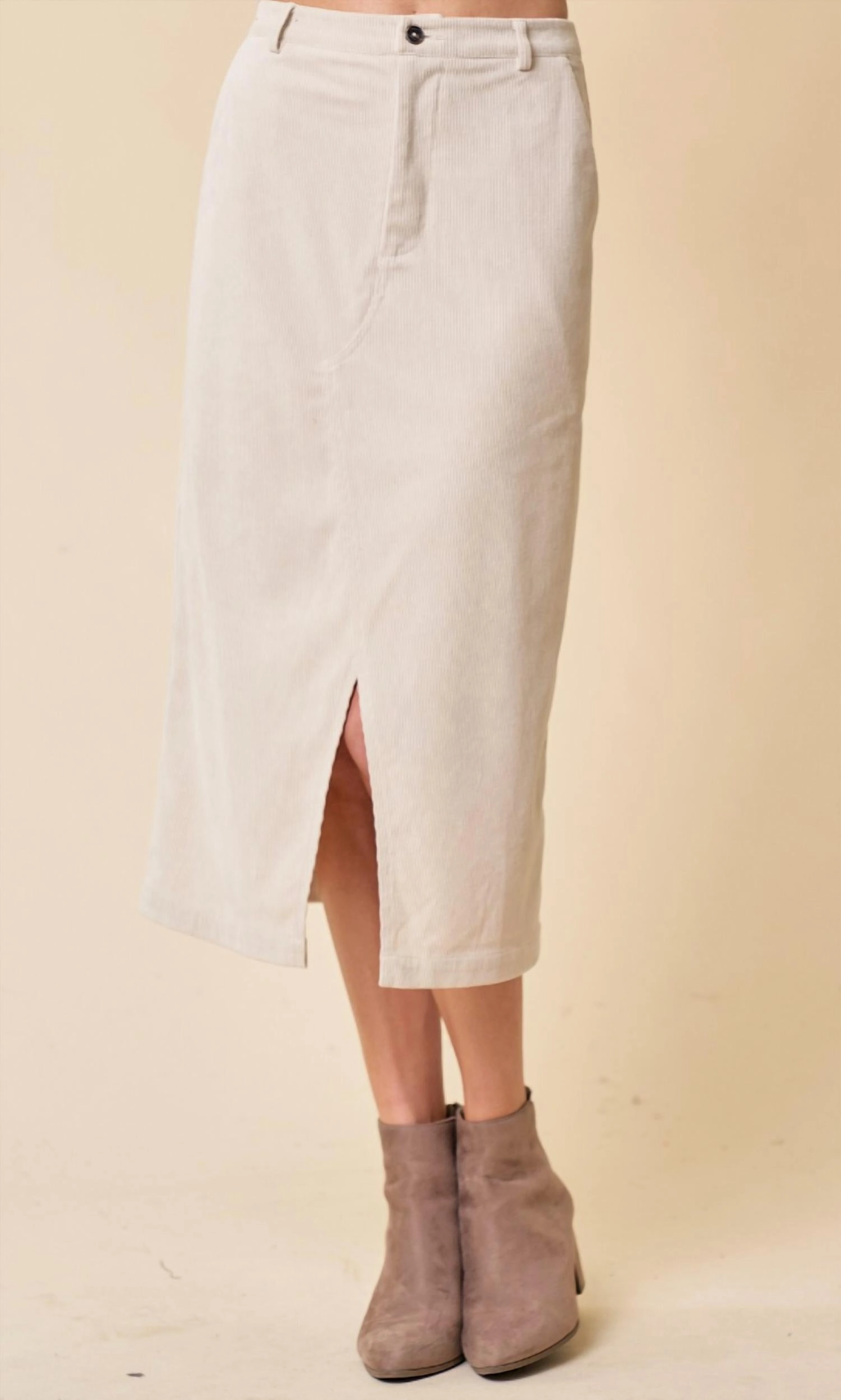 Satin feel Relaxed Vibe Corduroy Front Zip-Up Midi Skirt W/ Front Slit In Oatmeal