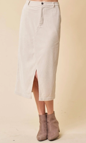 Satin feel Relaxed Vibe Corduroy Front Zip-Up Midi Skirt W/ Front Slit In Oatmeal