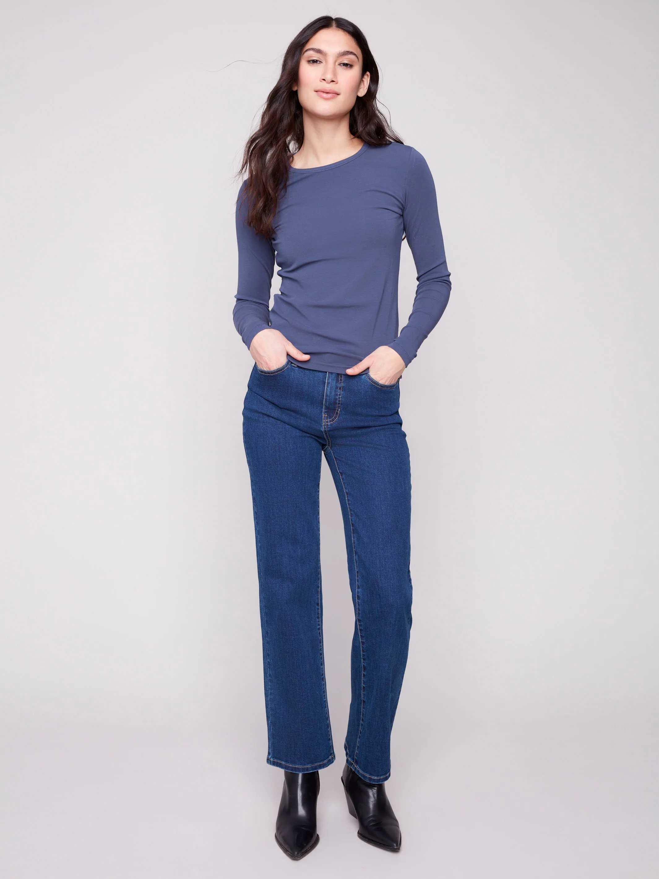 Quick Access Slit Easycare Cotton Blend Long Sleeve Crew Neck Top - Denim