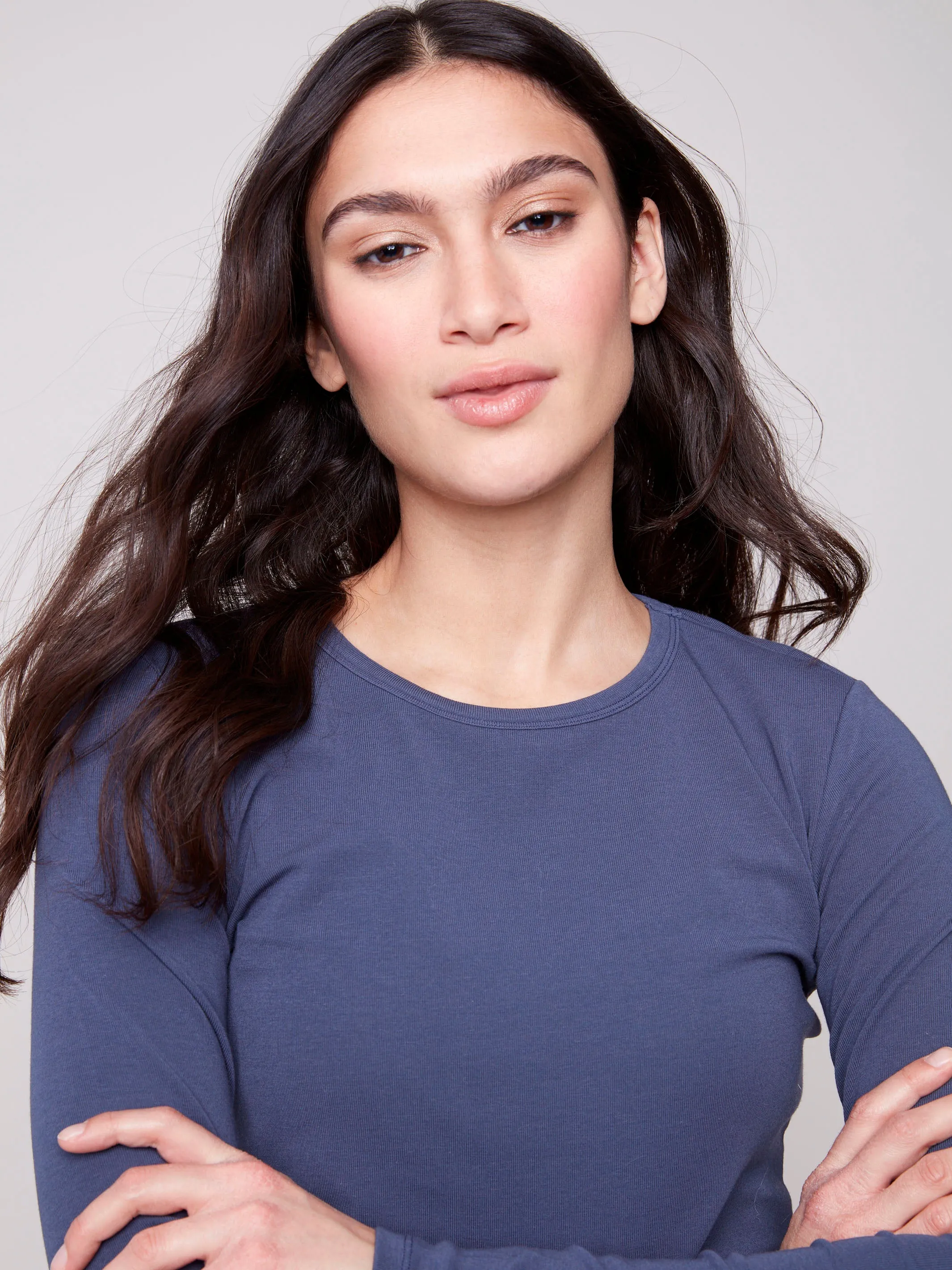 Cotton Blend Long Sleeve Crew Neck Top - Denim HighDurabilityWeave