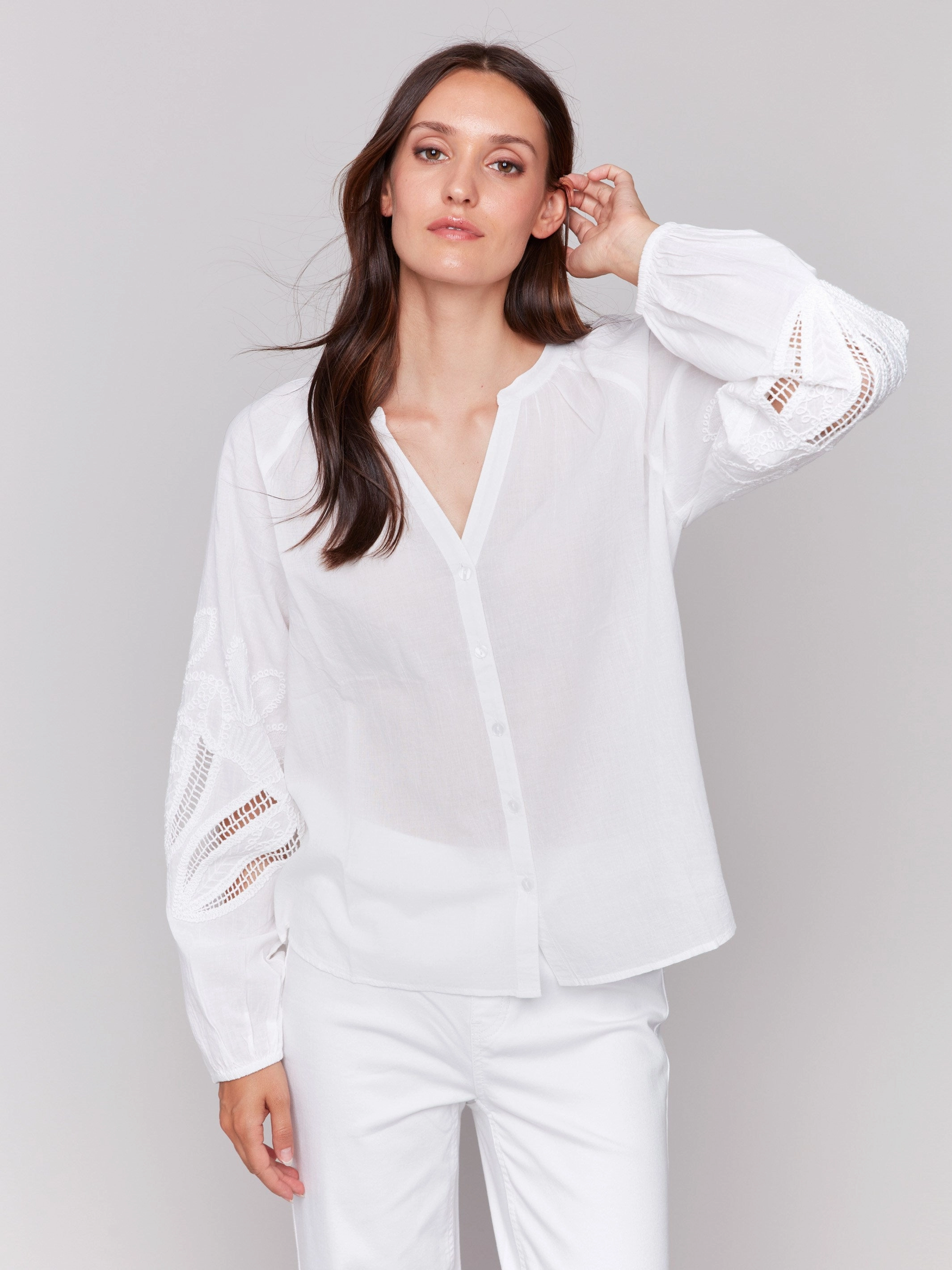 Cotton Button-Front Blouse with Embroidery - White Flexible Knit
