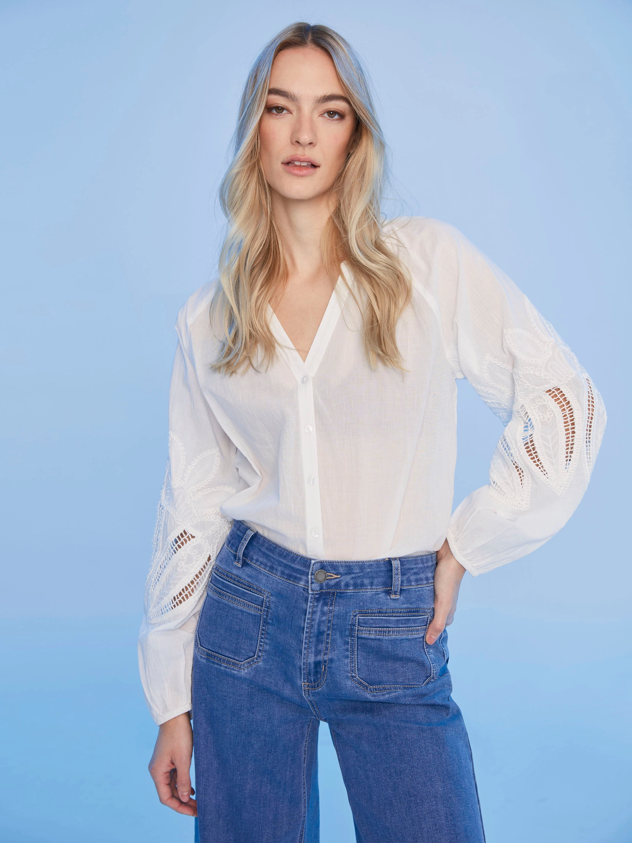 Cotton Button-Front Blouse with Embroidery - White Handcrafted Detail Seasonal Trend