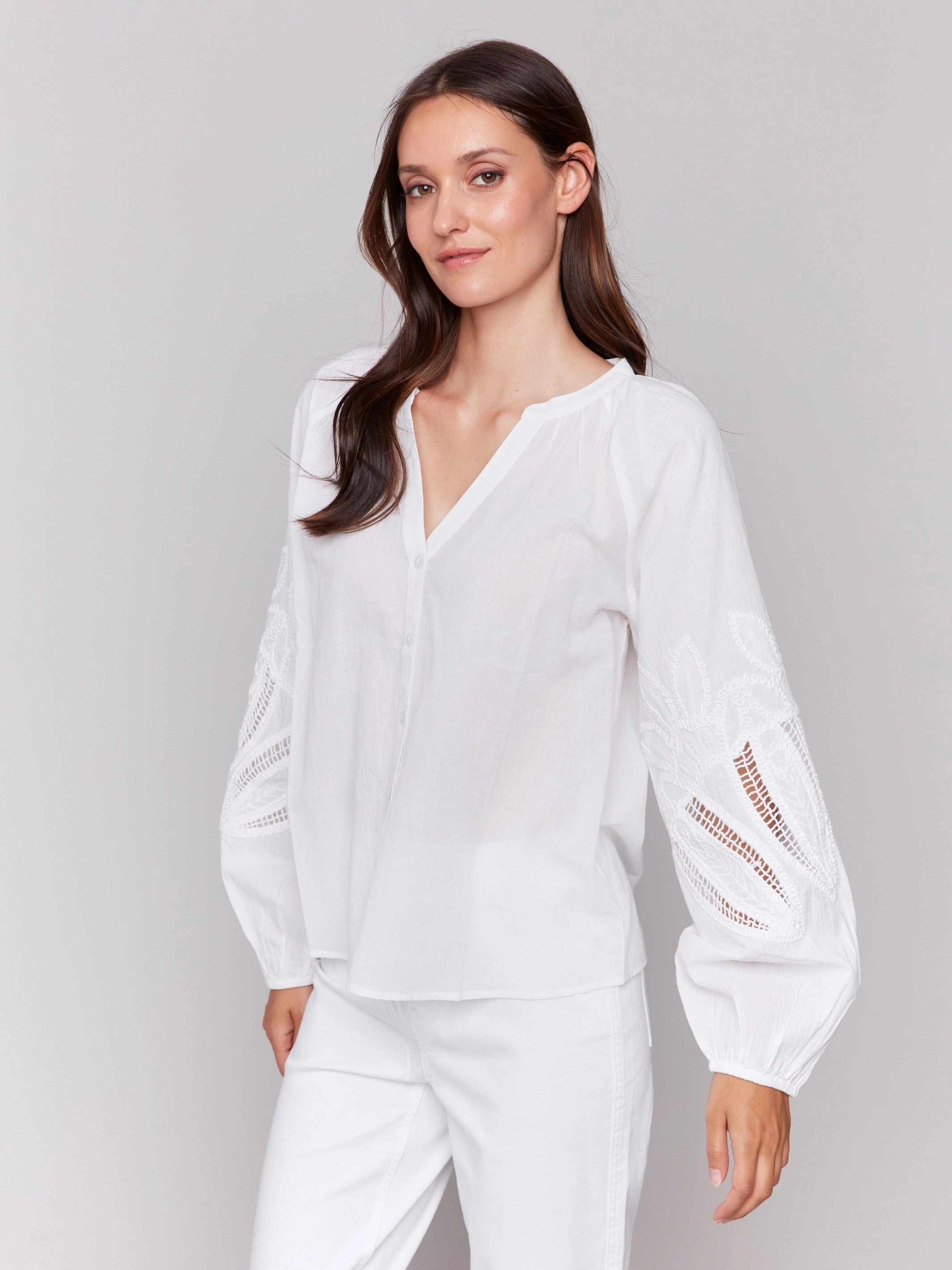 Spring Break Cotton Button-Front Blouse with Embroidery - White