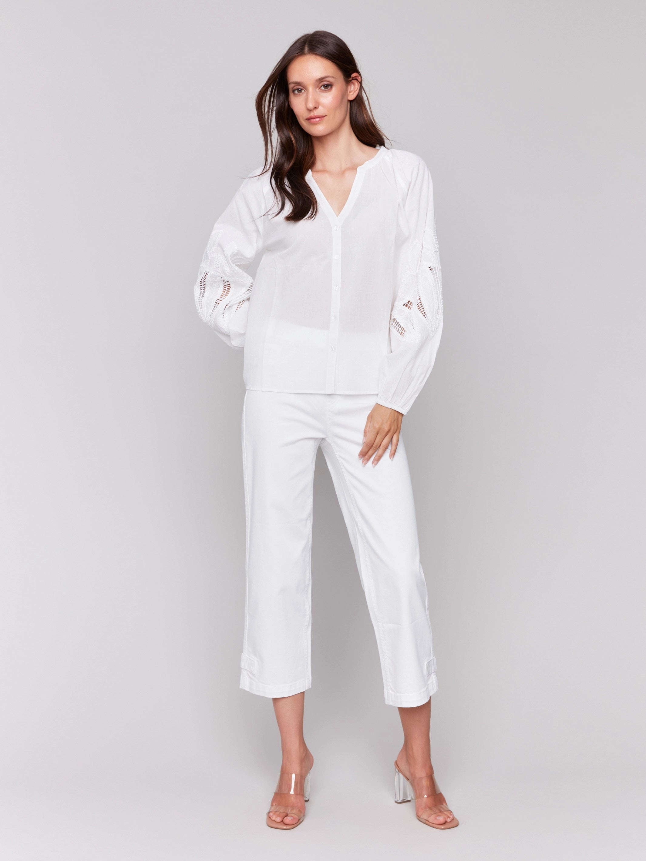 Adjustable Cuffs Cotton Button-Front Blouse with Embroidery - White