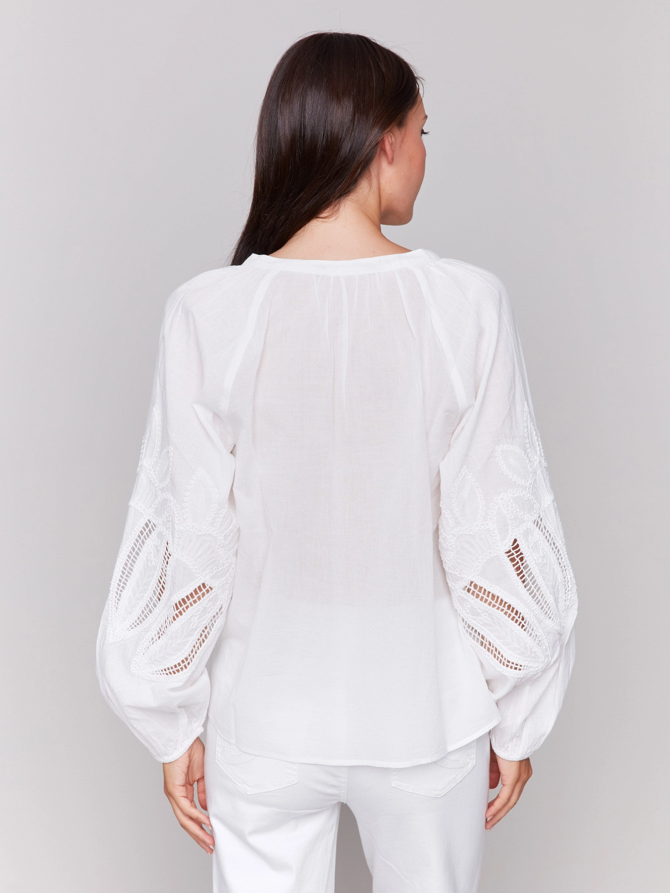 Ergonomic Back Panel Neutral Colors Cotton Button-Front Blouse with Embroidery - White