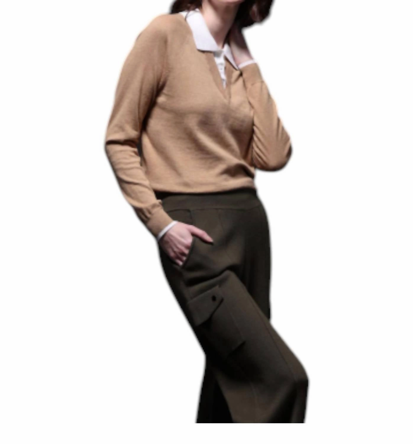 Casual Cozy Cotton Cashmere Polo With Collar And Tipping In Camel/white