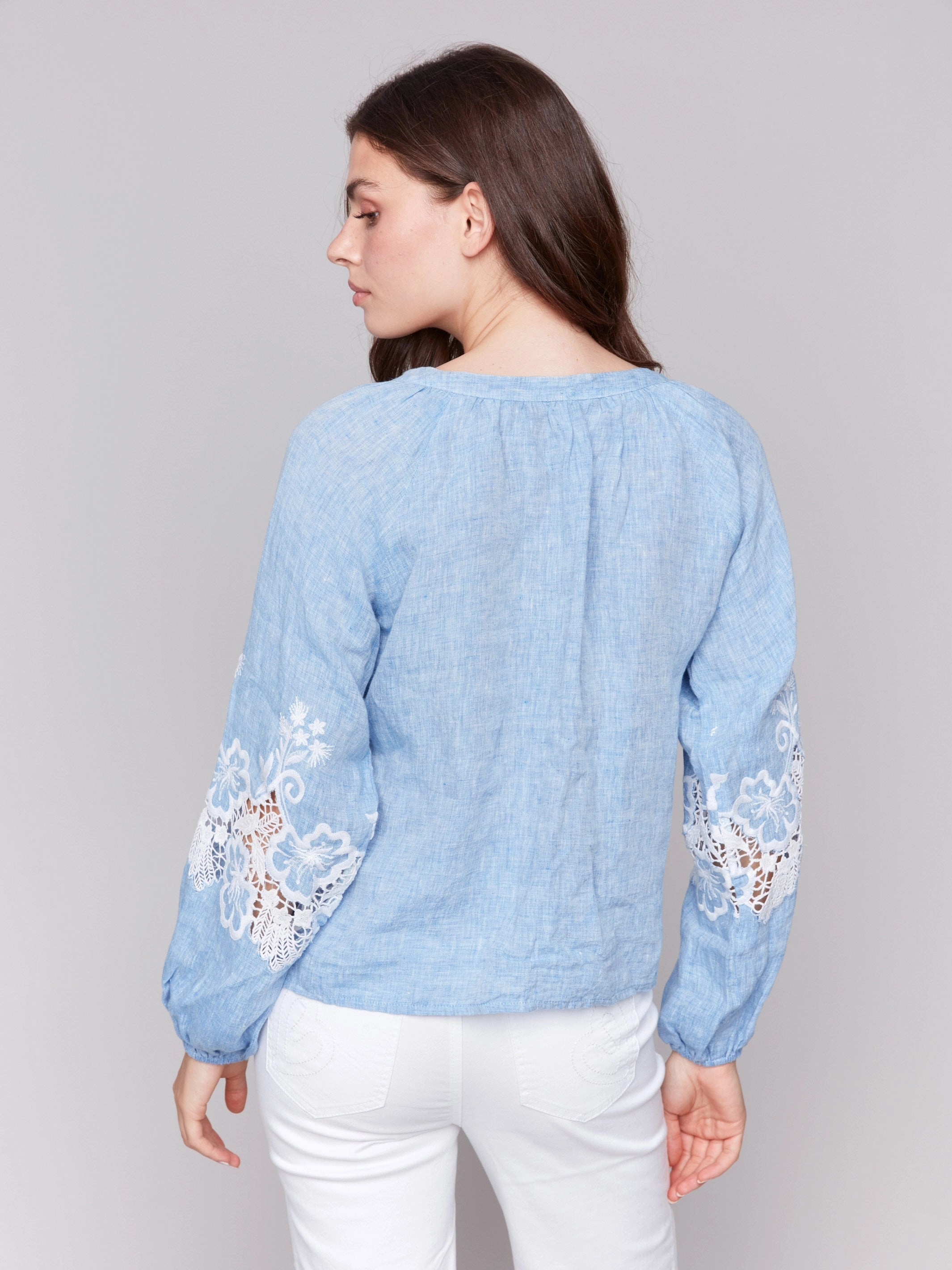Anti Cling Fabric Cotton-Linen Button-Front Blouse with Embroidery - Chambray