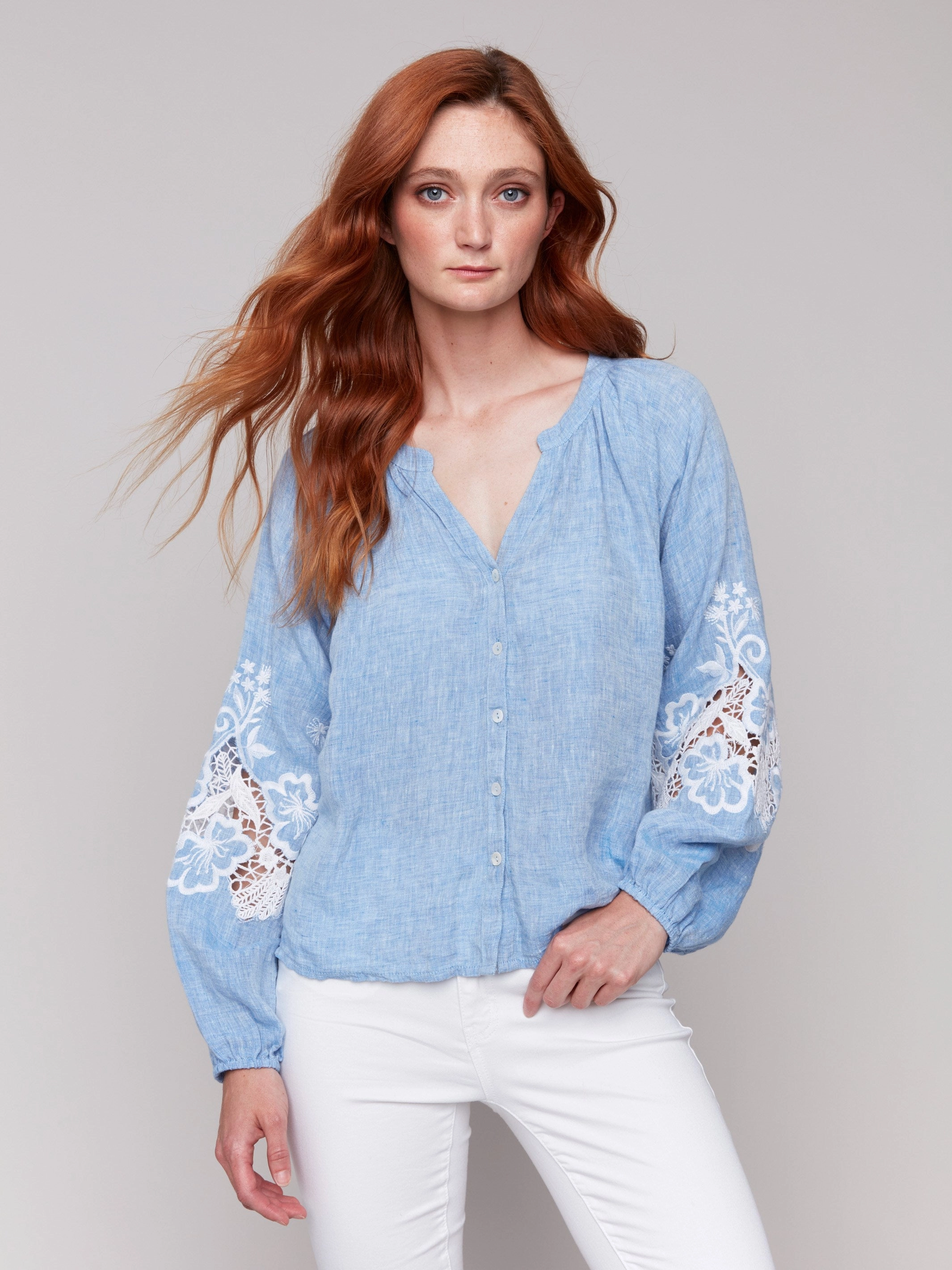 Cotton-Linen Button-Front Blouse with Embroidery - Chambray Casual Comfort Odor control