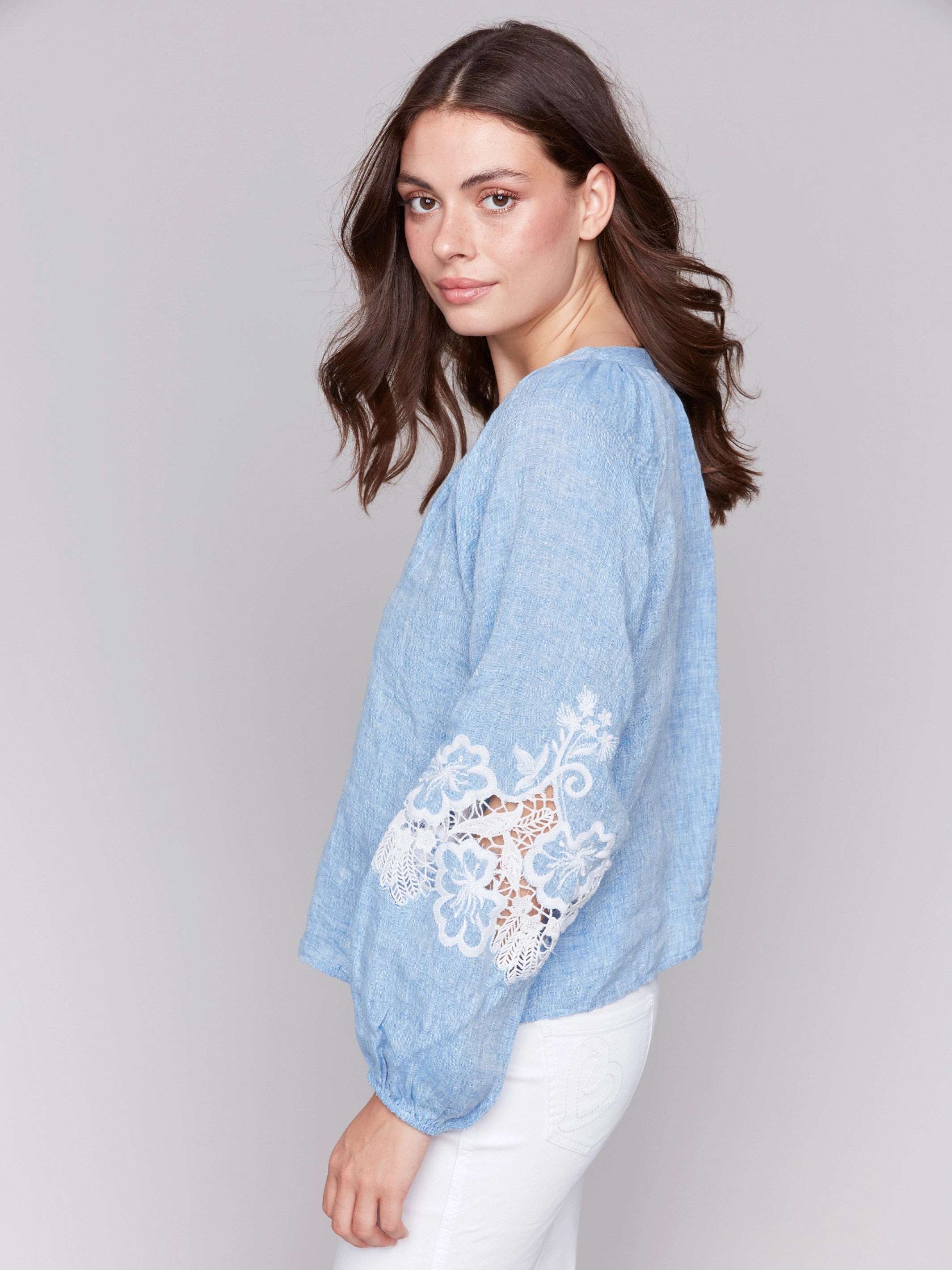 Cotton-Linen Button-Front Blouse with Embroidery - Chambray Abstract print